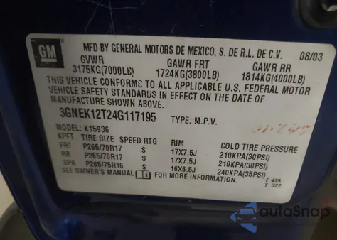 2004 Chevrolet Avalanche 1500 из США, поврежденный, VIN 3GNEK12T24G117195